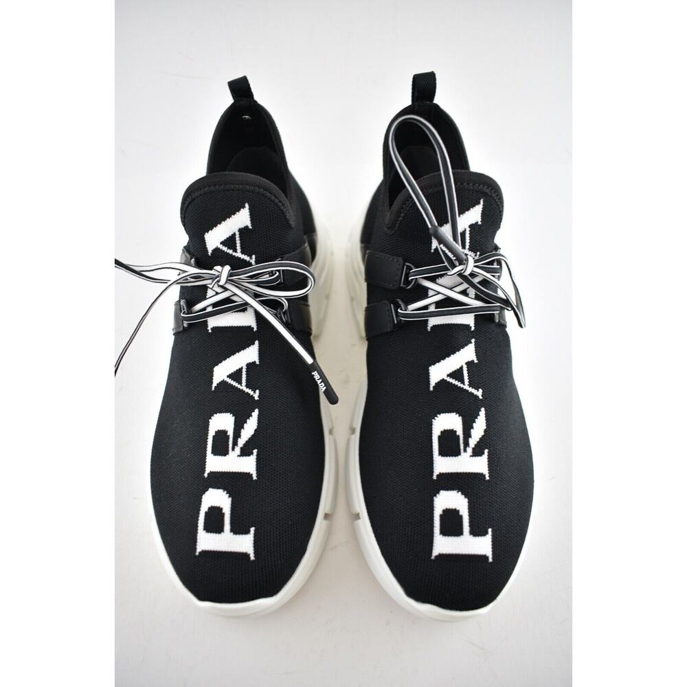 Prada XY Logo Sock Black White Knit Flat Lace Up Tie Pull On Trainer Sneaker 35 - Picture 7 of 12